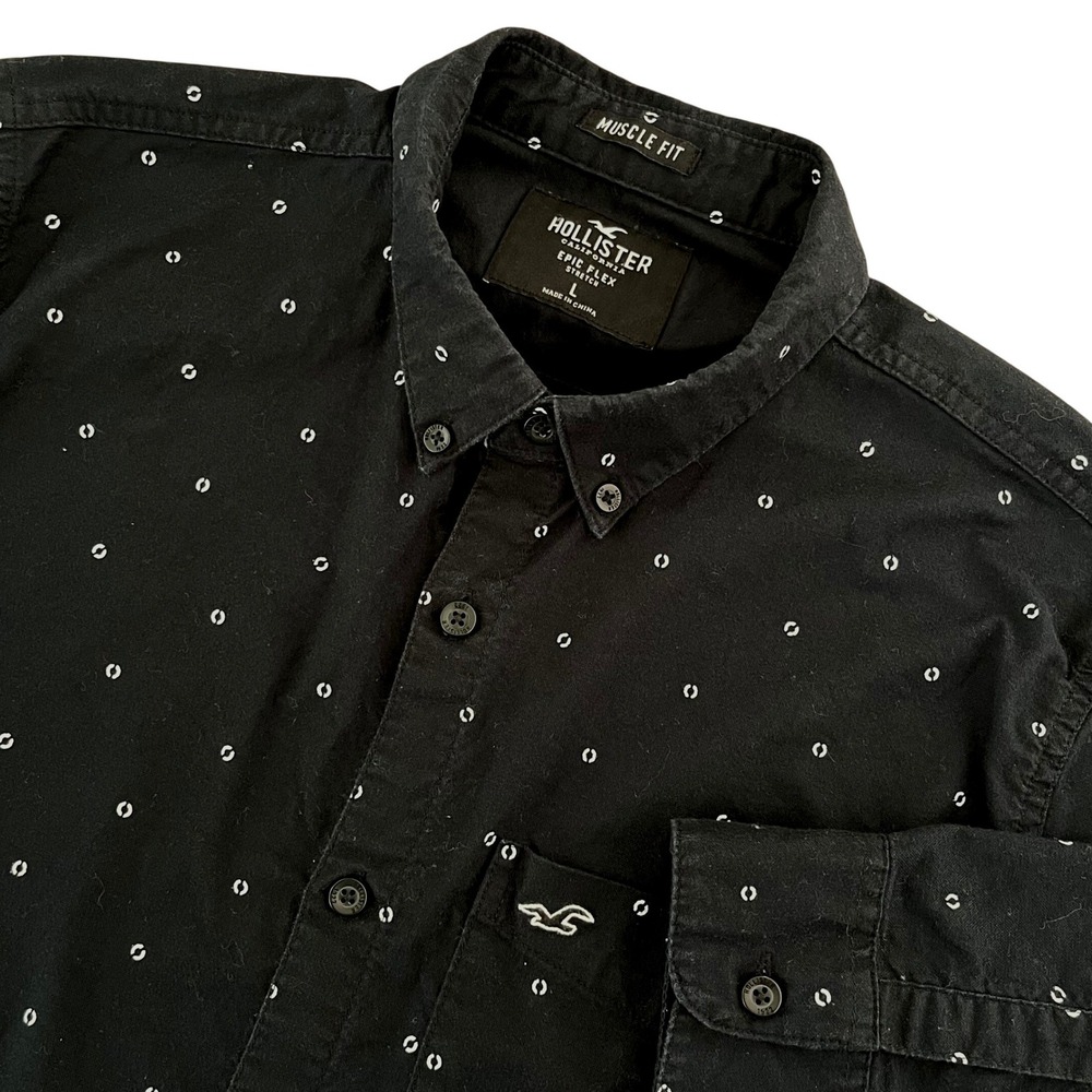 Hollister Mens Muscle Fit Shirt L Black Epic Flex Long Sleeve Geometric Stretch